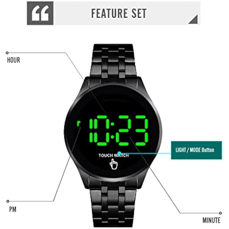 Men's Waterproof Wrist Watch with Touch Screen LED Digital Sport Casual Stainless Steel Wristwatch, Black, black / black, Digital - Image 3